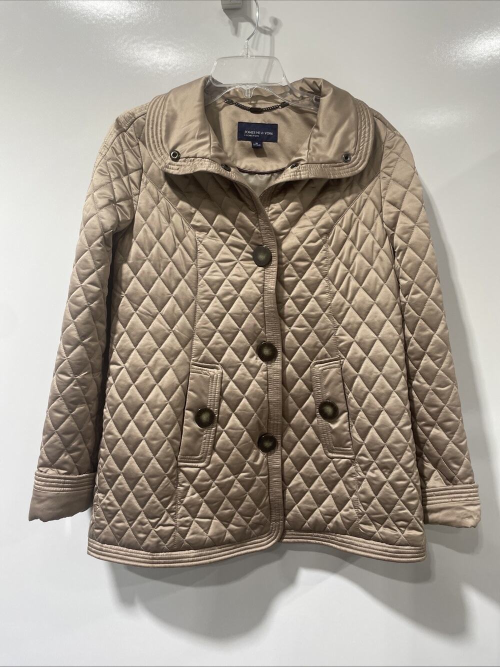 Jones New York Signature Womens Beige Quilted w/Brown Button Snaps Jacket Size M
